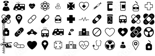 Set Of Linear Hospital Icons Silhouette Vector Logo Design Containing Cure,Doctor,Health,Medicine,Hospital Stroke Icon Collection. Vector Illustration