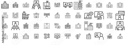Set Of Hospital Isolated Silhouette Solid Icons With Building,Hospital,Medical,Video-Conference,Meeting Vector Icons Illustration Collection