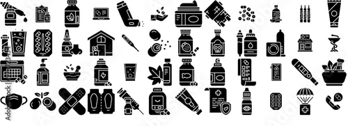 Mega Set Of Vector Goofy Pharmacy Solid Icons Collection Isolated Silhouette Solid Icons Including Medicine,Pills,Medical,Capsule,Pharmacy Outline Icons Collection. Simple Vector Illustration