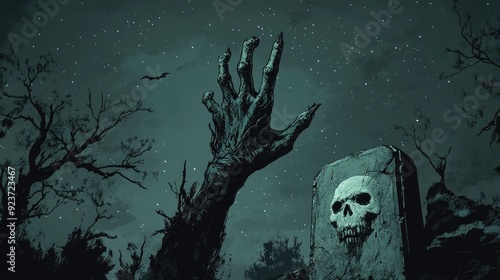 Creepy zombie hand reaching out from a cracked tombstone, with dead trees and bats in the background, under a starless sky. photo