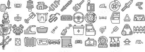 A Collection Of Goofy Car Auto Parts Line Vector Symbols Apps, Websites Ui Designs Suitable For Motor,Engine,Car-Parts,Fuel,Car-Repair Stroke Icon Collection. Vector Illustration