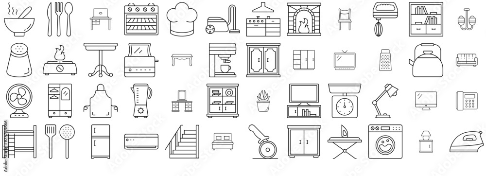 Set Of Furniture Line Icons Silhouette Vector Logo Design Containing Table,Interior,Kitchen,Furniture,Home Outline Icons Collection. Simple Vector Illustration Set Of Furniture Line Icons Silhouette Vector Logo Design Containing Table,Interior,Kitchen,Furniture,Home Outline Icons Collection. Simple Vector Illustration