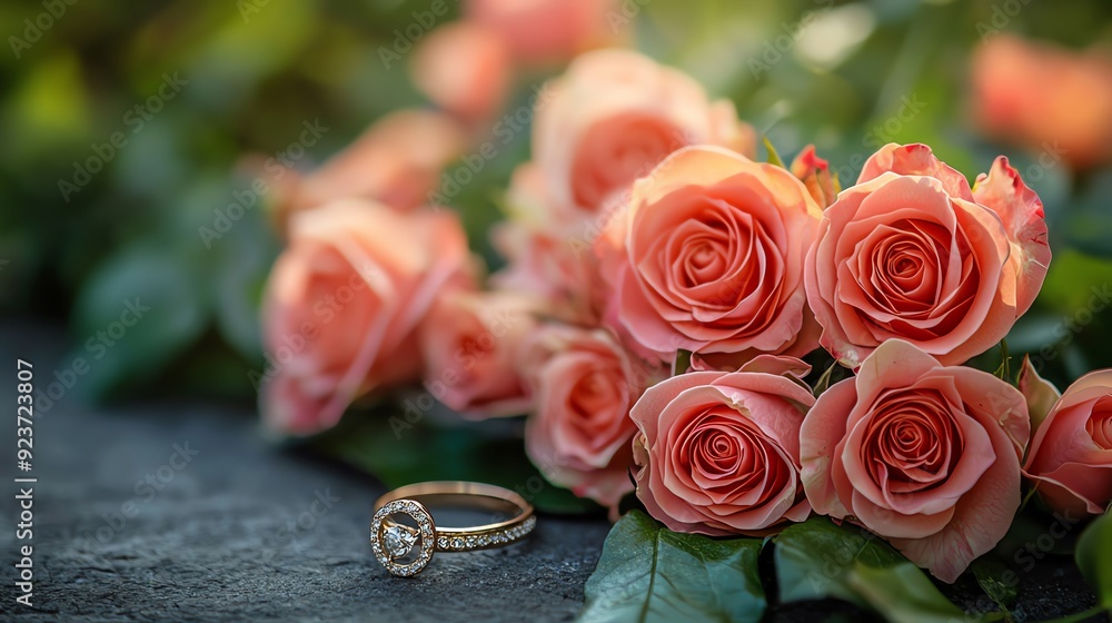 A beautiful arrangement of pink roses with an elegant engagement ring, symbolizing love and romance in a serene setting. A beautiful arrangement of pink roses with an elegant engagement ring, symbolizing love and romance in a serene setting.