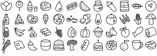 Set Of Food Drawn Thin Isolated Silhouette Solid Icons With Food,Fruit,Slice,Drawn,Ingredient Set Vector Flat Line Icons