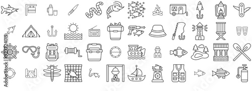A Collection Of Fishing Isolated Silhouette Solid Icons With Fisher,Sea,Fish,Camping,Fishing Simple Black Style Symbol Sign For Apps And Website, Vector Illustration