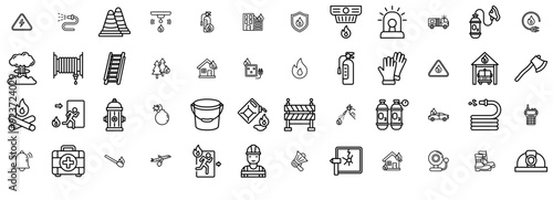 Set Of Linear Firefighting Icons Web Header Banner Design Containing Water,Fire,Safety,Flame,Emergency Infographic Simple Vector Illustration Logo