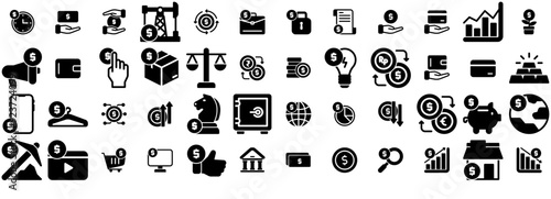 Set Of Linear Finance Solid Isolated Silhouette Solid Icons With Finance,Business,Coin,Dollar,Money Simple Black Style Symbol Sign For Apps And Website, Vector Illustration
