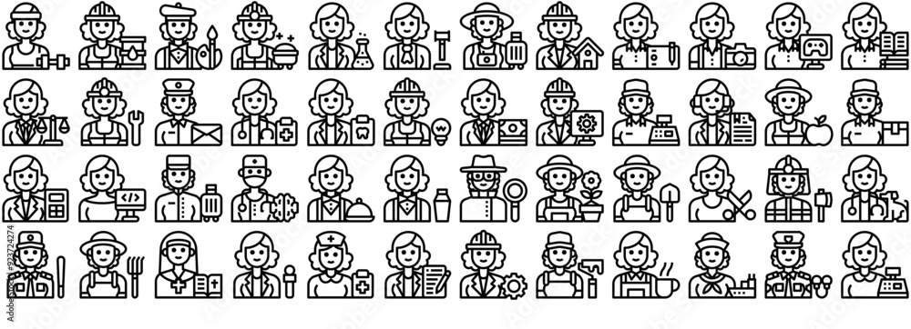 Set Of Female Occupation Avatar Outline Isolated Silhouette Solid Icons With Job,Avatar,Woman,Engineer,Occupation Solid Icon Collection. Vector Illustration Set Of Female Occupation Avatar Outline Isolated Silhouette Solid Icons With Job,Avatar,Woman,Engineer,Occupation Solid Icon Collection. Vector Illustration