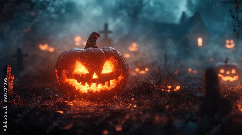 Naklejka premium Eerie Halloween banner with glowing fire text and scary pumpkin faces, set in a graveyard scene with fog and shadows.