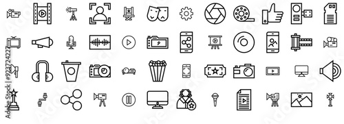 A Collection Of Film Production Line Icons Silhouette Vector Logo Design Containing Camera,Film,Cinema,Movie,Recording Outline Icons Collection. Simple Vector Illustration