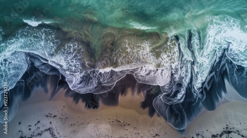 Aerial View of Ocean Waves Crashing on Sandy Beach