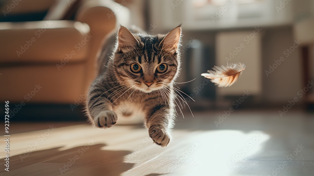 Playful cat chasing a feather toy across a living room floor Playful cat chasing a feather toy across a living room floor