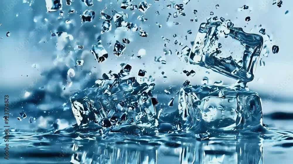 Ice cubes splashing in water, creating a cool and refreshing scene. Ice cubes splashing in water, creating a cool and refreshing scene.
