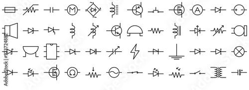 Set Of Linear Electronic Component Line Icons Silhouette Vector Logo Design Containing Component,Diode,Electronic,Resistor,Circuit Set Vector Flat Line Icons