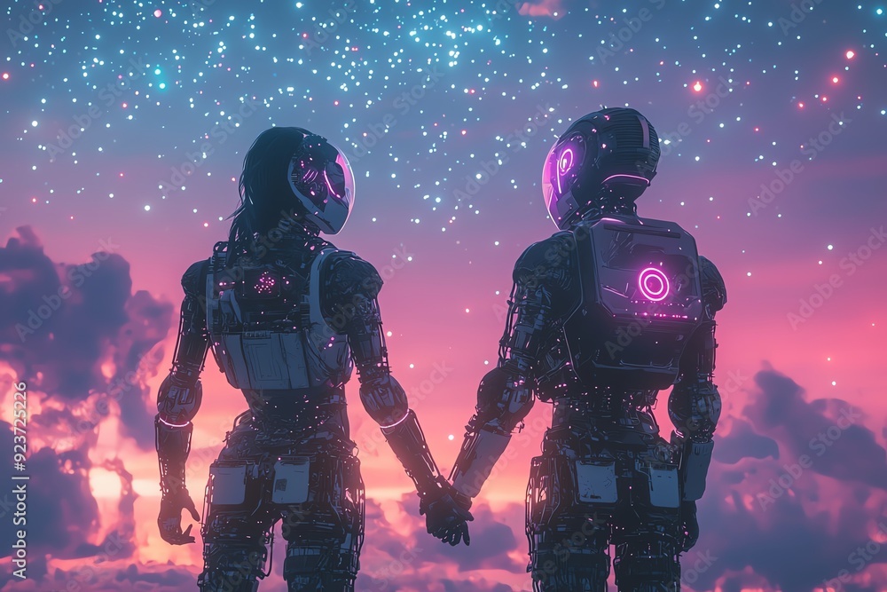 Futuristic scene of two astronauts holding hands under a cosmic sky, showcasing love and exploration in a vibrant universe. Futuristic scene of two astronauts holding hands under a cosmic sky, showcasing love and exploration in a vibrant universe.