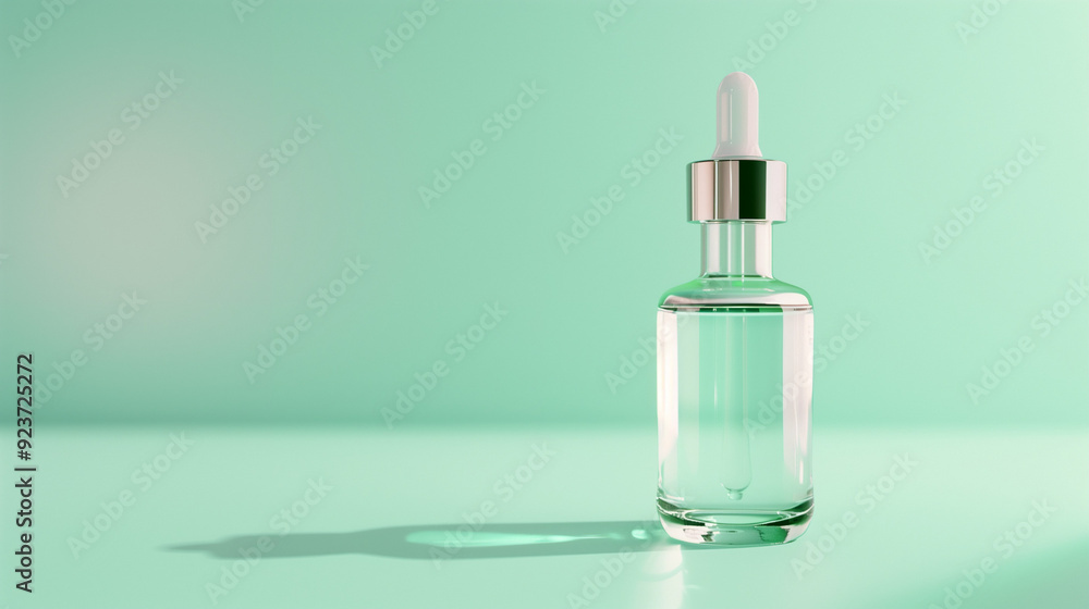 Serenity in a Drop: A minimalist glass dropper bottle with silver accents, containing a clear liquid, stands serenely against a tranquil turquoise backdrop, casting an elegant shadow. Serenity in a Drop: A minimalist glass dropper bottle with silver accents, containing a clear liquid, stands serenely against a tranquil turquoise backdrop, casting an elegant shadow.