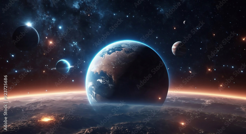 Fototapeta premium 3D illustration of beautiful cosmic scene with planets. High quality digital space art in 5K - realistic visualization