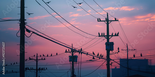 Minimalistic photo of high voltage power lines with birds perched on them, set against a twilight sky.