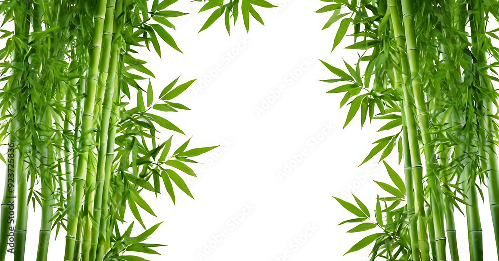 Naklejka premium Lush green bamboo stalks and leaves create a natural frame on a clean white background. This versatile image evokes feelings of tranquility and zen, with ample space for text or design elements. Idea