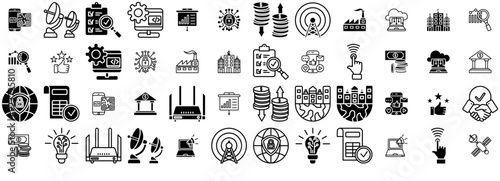 A Collection Of Digital Economy Icons Web Header Banner Design Containing Bank,Communications,Finance,Networking,Research Business Infographic Elements Logo Vector Illustration