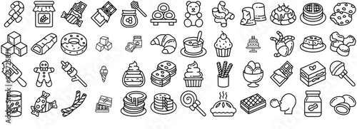 Set Of Dessert Sweets Isolated Silhouette Solid Icons With Dessert,Bakery,Chocolate,Cake,Sweets Vector Illustration Linear Pictogram Pack