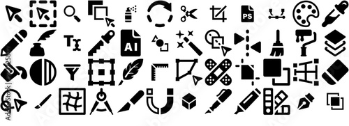 Set Of Linear Design Tools Icons Web Header Banner Design Containing Select,Design-Tools,Color,Paint,Draw Simple Black Style Symbol Sign For Apps And Website, Vector Illustration