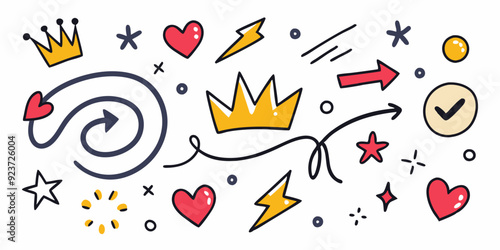 Doodle sketch element set, vector hand drawn graphic line shapes, arrow, hearts, underline. Simple squiggle kit, crown, stars, vignetting speech bubble, grunge scribble. Ink doodle element, check mark