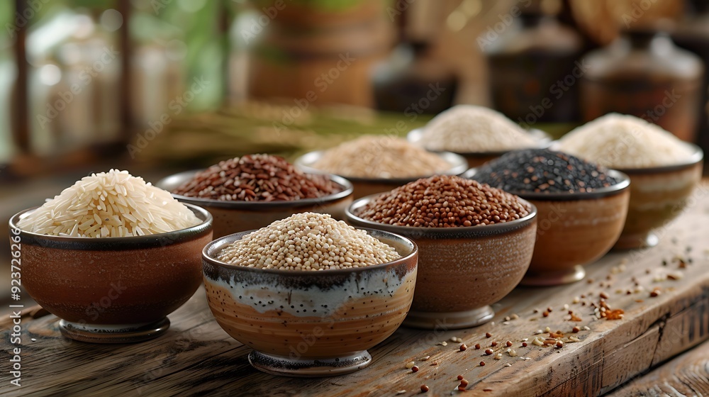 Assorted grains such as rice, barley, and quinoa, arranged in elegant ceramic bowls on a rustic wooden table, with soft natural light highlighting the rich textures and vibrant colors of the grains. Assorted grains such as rice, barley, and quinoa, arranged in elegant ceramic bowls on a rustic wooden table, with soft natural light highlighting the rich textures and vibrant colors of the grains.