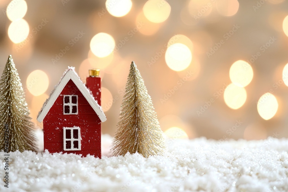 Over a blurred background of Christmas decorations, miniature wooden houses stand in the snow. This concept is taken from a postcard. Over a blurred background of Christmas decorations, miniature wooden houses stand in the snow. This concept is taken from a postcard.