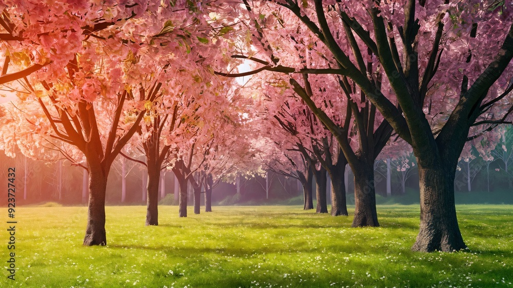 Naklejka premium A field with lots of trees in the middle and a sky background with pink flowers on the trees.