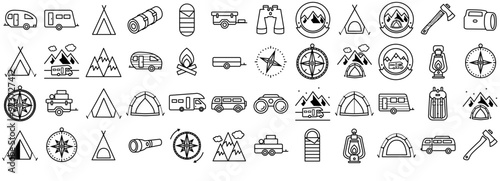 Mega Set Of Vector Camping Outdoor Isolated Silhouette Solid Icons With Camp,Camper,Adventure,Outdoors,Camping Vector Icons Illustration Collection