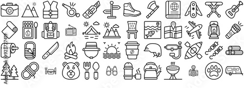 Mega Set Of Vector Camping And Hiking Line Icons Collections Isolated Silhouette Solid Icons With Headwear,Travel-Bag,Helmet,Knife,Sports-Helmet Outline Icons Collection. Simple Vector Illustration photo