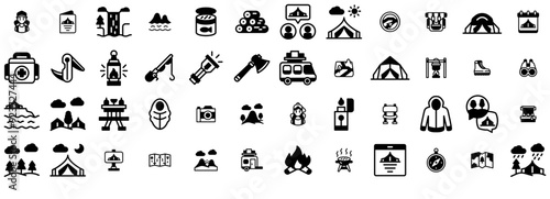 A Collection Of Camping Solid Icons Web Header Banner Design Containing Forest,Outdoor,Camp,Camping,Tent Simple Black Style Symbol Sign For Apps And Website, Vector Illustration