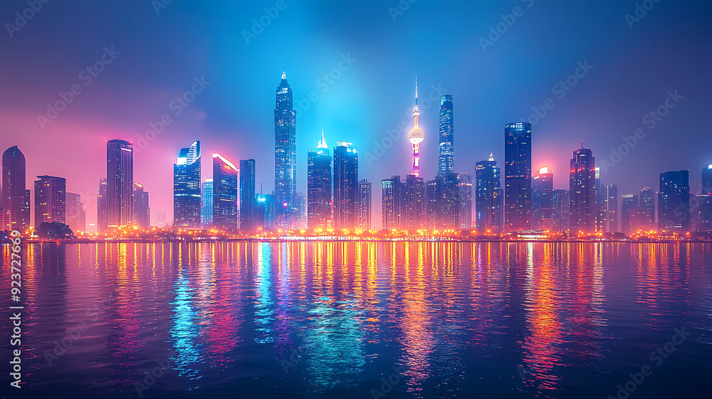 Fototapeta premium A vibrant city skyline at night