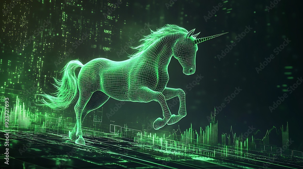 A green, wireframe unicorn leaps over a stylized cityscape. A green, wireframe unicorn leaps over a stylized cityscape.