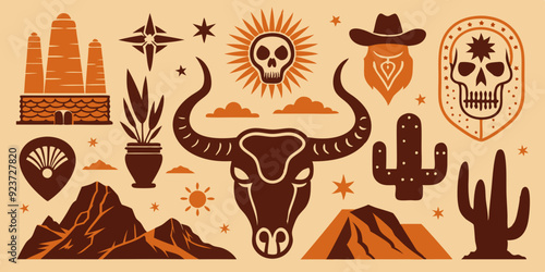 Linocut western boho set, Texas desert engraving print collection, vector canyon wildlife, cactus. Texture grunge Arizona rodeo graphics, bull, horse, snake, skull silhouette. Mystic linocut western