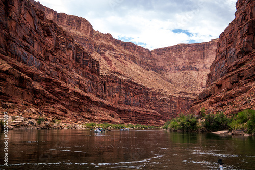 Grand Canyon National Park landscape with beautiful walls and mountains. Views of the Colorado River through the canyon valleys. Desert landscapes and rock formations. Serene landscapes and nature