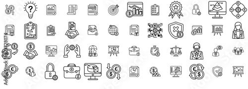 A Collection Of Business Finance Outline Icons Web Header Banner Design Containing Dollar,Finance,Business,Graph,Currency Vector Illustration Linear Pictogram Pack