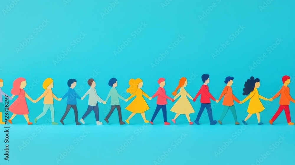 Illustration of paper people coming together in a line, showcasing the concept of community, connection, and support in a vibrant, artistic style. Illustration of paper people coming together in a line, showcasing the concept of community, connection, and support in a vibrant, artistic style.
