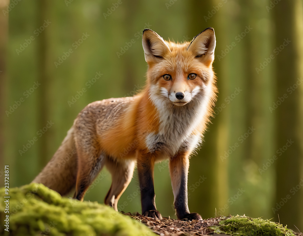 A magnificent red fox stands alert in a sunlit forest, its bushy tail and piercing gaze captivating the viewer. Perfect for wildlife documentaries, nature publications, or any project celebrating the A magnificent red fox stands alert in a sunlit forest, its bushy tail and piercing gaze captivating the viewer. Perfect for wildlife documentaries, nature publications, or any project celebrating the