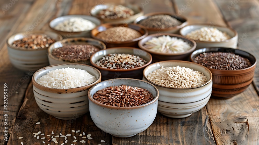 Elegant ceramic bowls filled with a variety of grains like rice, barley, and quinoa, arranged in a symmetrical pattern on a rustic wooden table, Elegant ceramic bowls filled with a variety of grains like rice, barley, and quinoa, arranged in a symmetrical pattern on a rustic wooden table,