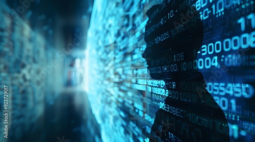 A shadowy, high-tech environment where the risks of identity theft are represented by ominous, fragmented digital doppelgängers, hinting at potential misuse and security threats