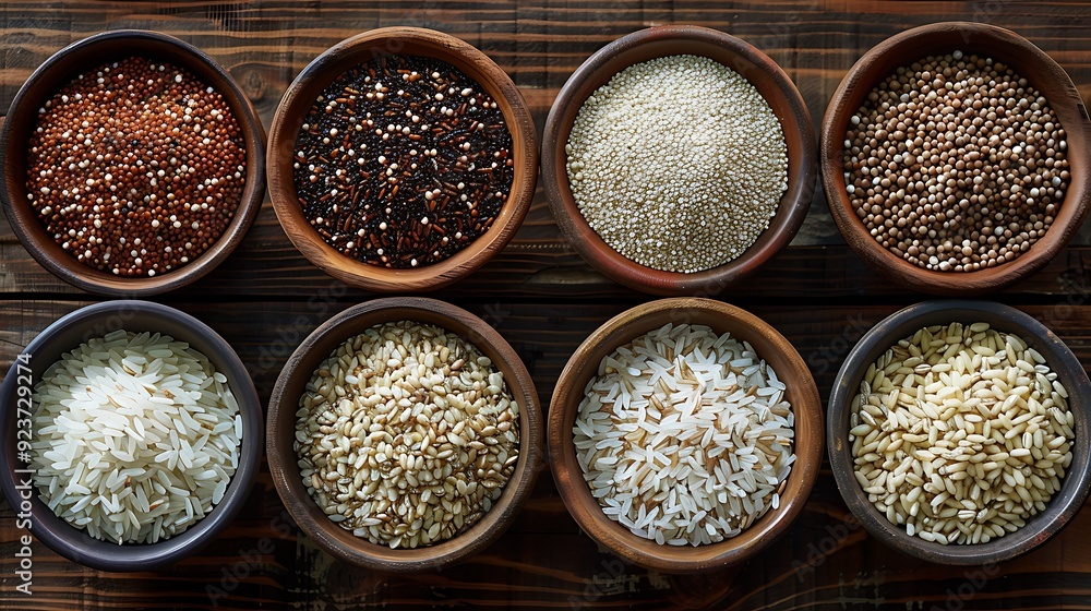 Elegant ceramic bowls filled with a variety of grains like rice, barley, and quinoa, arranged in a symmetrical pattern on a rustic wooden table, Elegant ceramic bowls filled with a variety of grains like rice, barley, and quinoa, arranged in a symmetrical pattern on a rustic wooden table,