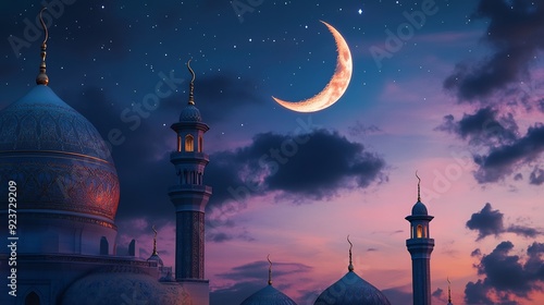 Ramadan Kareem background.Crescent moon at a top photo