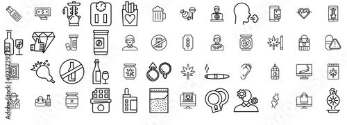 Set Of Addiction Icons Web Header Banner Design Containing Marijuana,Cannabis,Addiction,Drug,Alcohol Solid Icon Collection. Vector Illustration