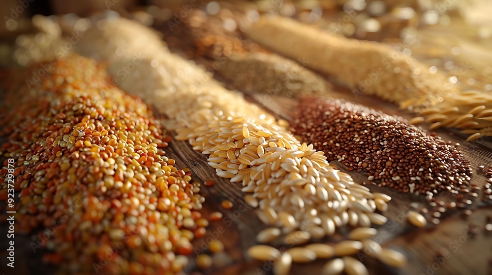 Grains such as rice, barley, and quinoa arranged in parallel lines on a rustic wooden table, with the warm glow of morning light enhancing the rich textures and colors. Photorealistic, Grains such as rice, barley, and quinoa arranged in parallel lines on a rustic wooden table, with the warm glow of morning light enhancing the rich textures and colors. Photorealistic,