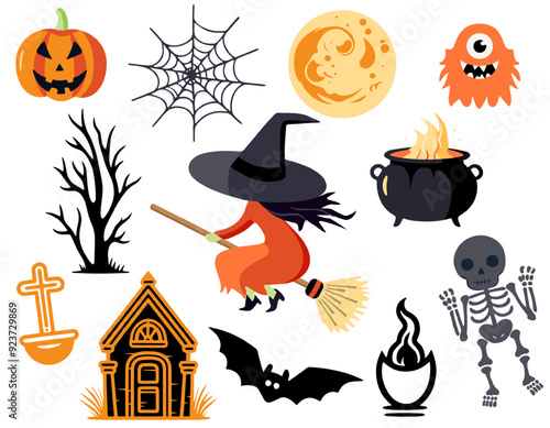 Halloween set witch, pumpkin, monster, skeleton. Set of vector elements for halloween in cartoon style.