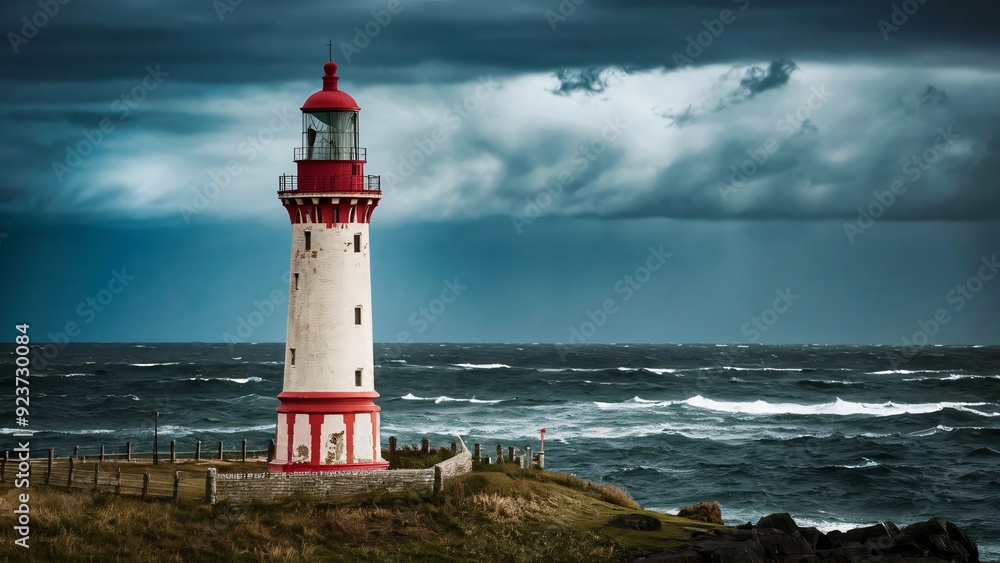 A silhouette of a lighthouse at sunset appears on a beach by the ocean on a cloudy, stormy day. A silhouette of a lighthouse at sunset appears on a beach by the ocean on a cloudy, stormy day.