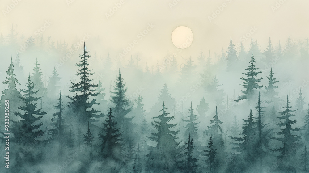 Fototapeta premium A drawing picture of Dense fog rolling through a mysterious forest.