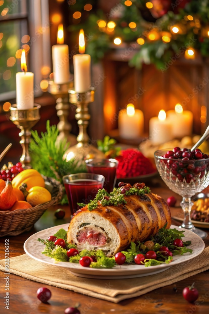 Rollo de pavo relleno servido en un plato festivo con guarnición de ensalada verde, decorado con candelabros y frutas, ideal para una cena navideña. Rollo de pavo relleno servido en un plato festivo con guarnición de ensalada verde, decorado con candelabros y frutas, ideal para una cena navideña.
